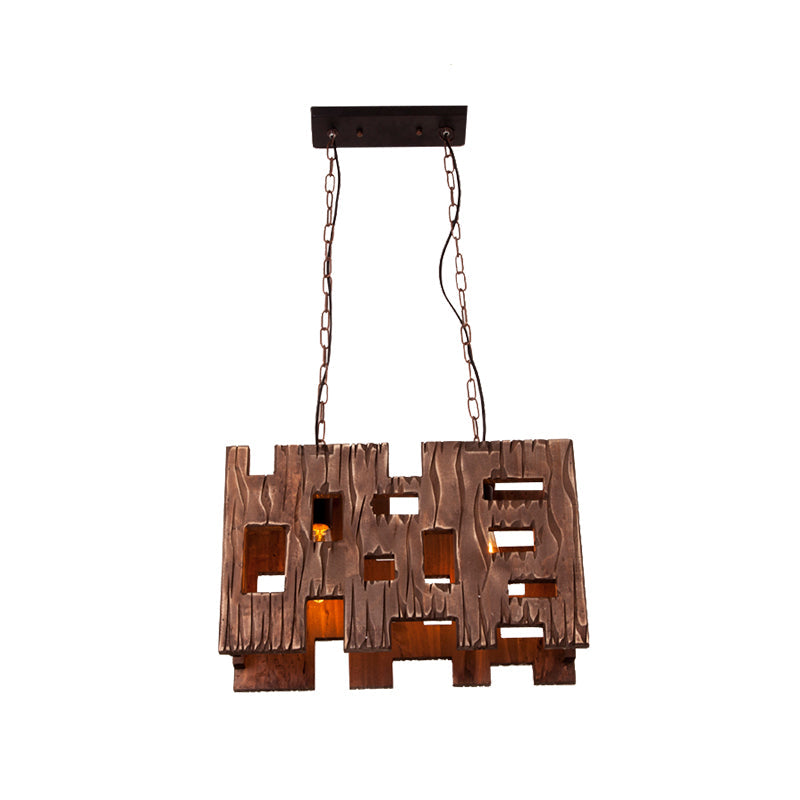 Wooden Rectangle Restaurant Island Chandelier Pendant With Hollow Out Design - Brown 2/3 Bulbs