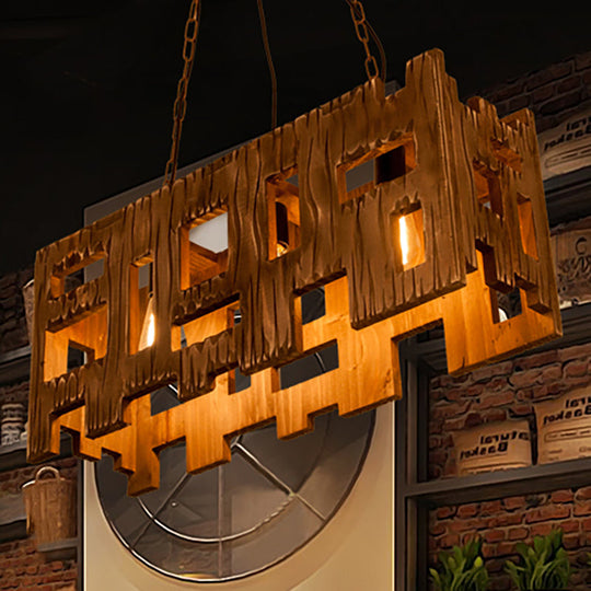 Wooden Rectangle Restaurant Island Chandelier Pendant With Hollow Out Design - Brown 2/3 Bulbs