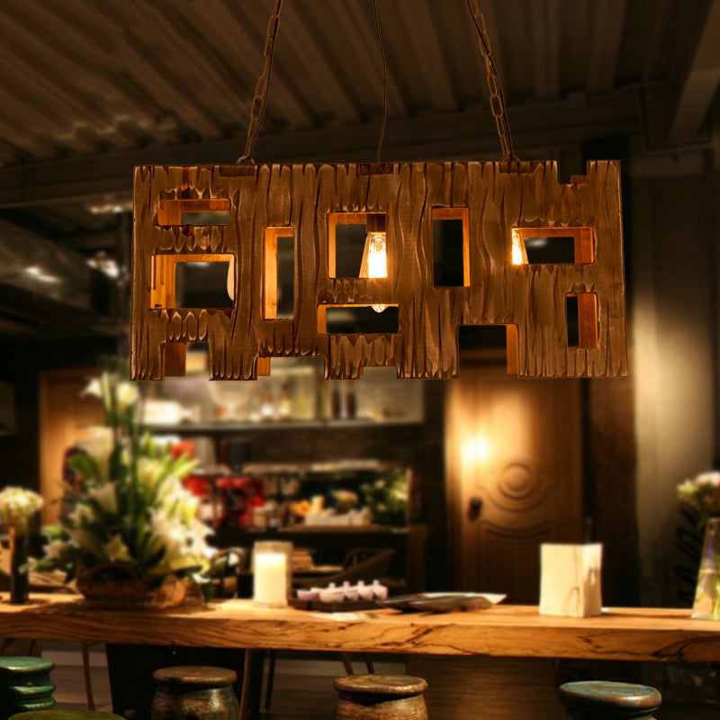 Wooden Rectangle Restaurant Island Chandelier Pendant With Hollow Out Design - Brown 2/3 Bulbs