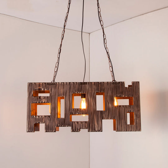 Wooden Rectangle Restaurant Island Chandelier Pendant With Hollow Out Design - Brown 2/3 Bulbs