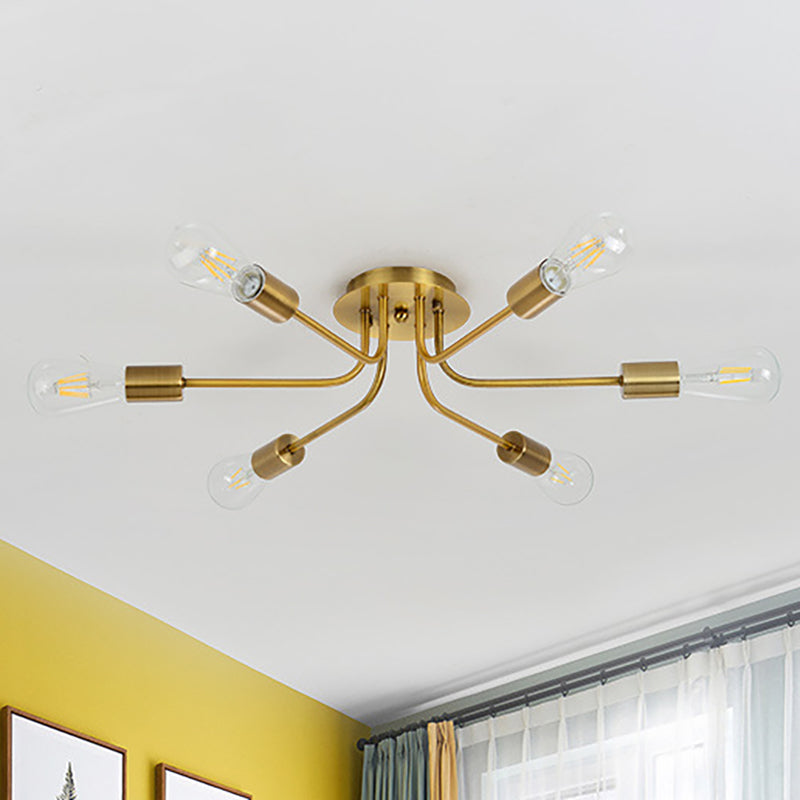 Branch Semi-Mount Industrial Ceiling Light with 6 Exposed Bulbs in Brass/Nickel Finish