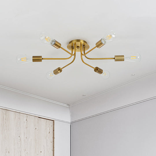 Branch Semi-Mount Industrial Ceiling Light with 6 Exposed Bulbs in Brass/Nickel Finish