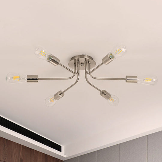 Branch Semi-Mount Industrial Ceiling Light with 6 Exposed Bulbs in Brass/Nickel Finish