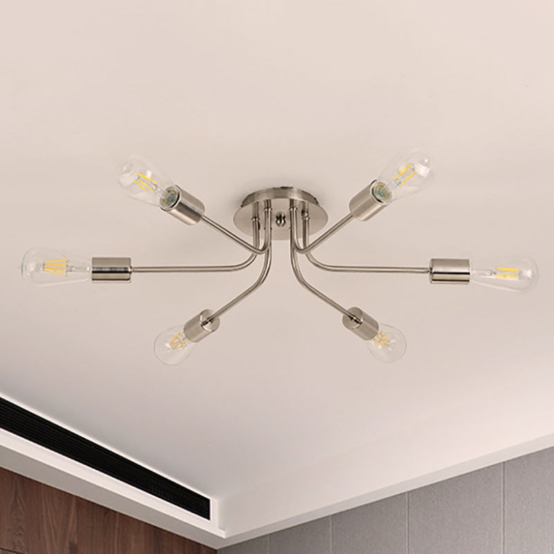 Branch Semi-Mount Industrial Ceiling Light With 6 Exposed Bulbs In Brass/Nickel Finish Nickel