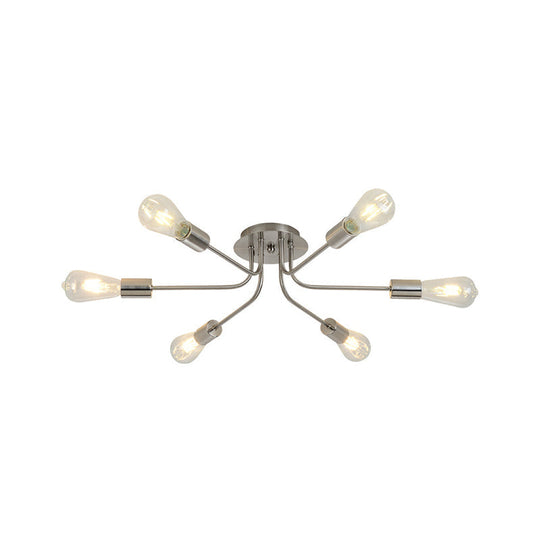 Branch Semi-Mount Industrial Ceiling Light with 6 Exposed Bulbs in Brass/Nickel Finish