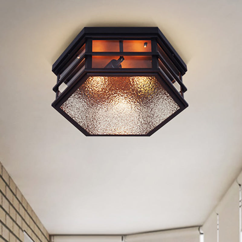 Plafonnier encastré hexagonal en métal noir avec diffuseur en verre dépoli - 2/3 lumières, largeur 14"/17" - Style ferme