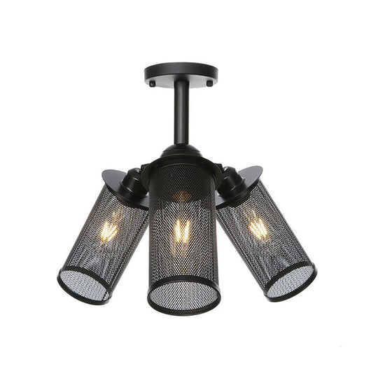 Industrial Metal Cylinder/Lantern Ceiling Light Fixture - 3 Heads, Black