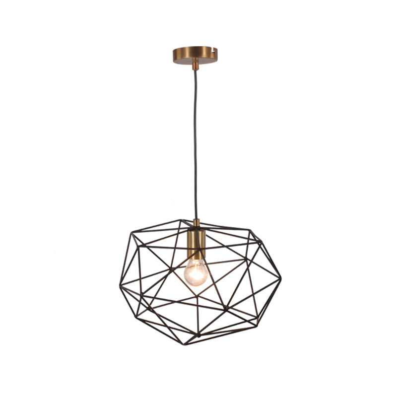 Black Vintage Style Wire Cage Pendant Lamp - 1-Light Metallic Hanging Fixture For Dining Room