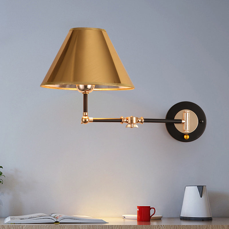 Industrial Metal Cone Wall Sconce With Swing Arm For Stylish Bedroom Lighting In Gold