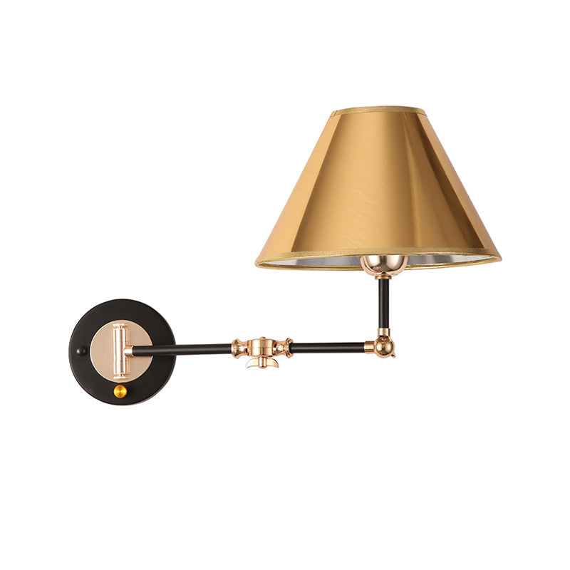 Industrial Metal Cone Wall Sconce With Swing Arm For Stylish Bedroom Lighting In Gold