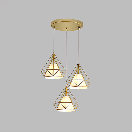 Diamond Cage Multi-Pendant Industrial Ceiling Light With 3 Hanging Lights For Hallway Gold / Round