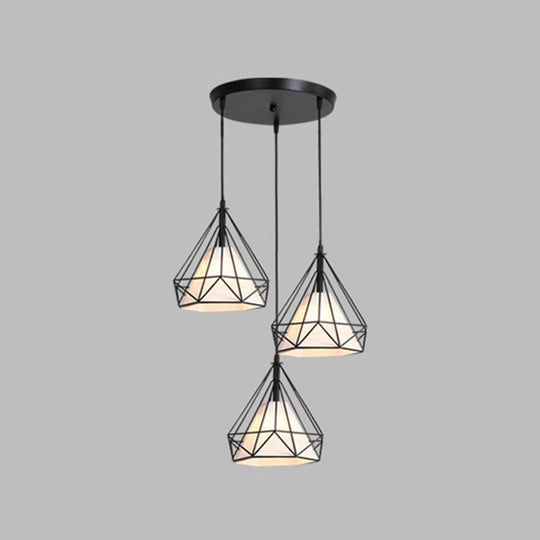 Diamond Cage Industrial Ceiling Light with 3 Multi Pendants and Hanging Cord for Hallway