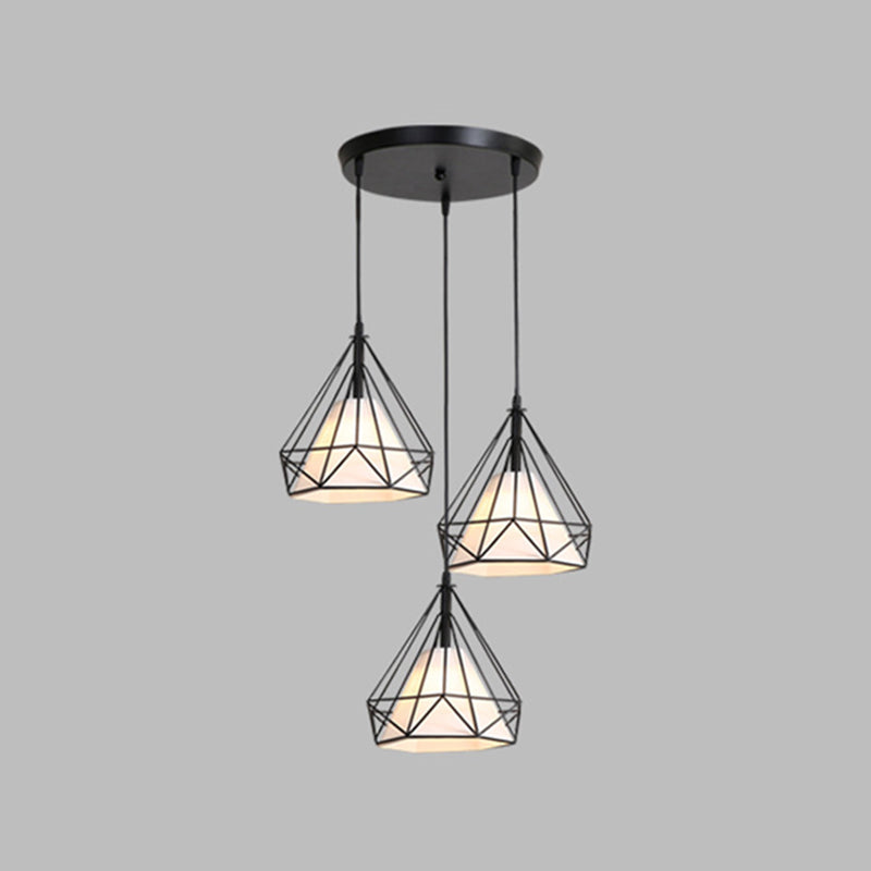 Diamond Cage Multi-Pendant Industrial Ceiling Light With 3 Hanging Lights For Hallway Black / Round