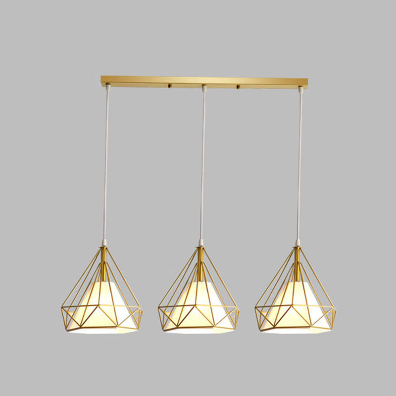 Diamond Cage Multi-Pendant Industrial Ceiling Light With 3 Hanging Lights For Hallway Gold / Linear