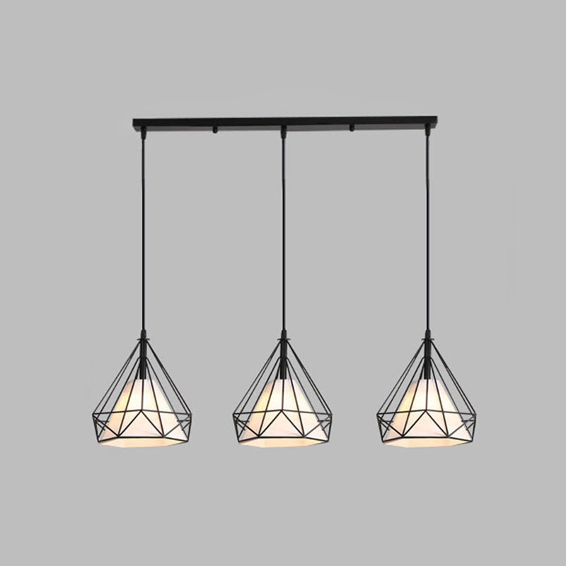 Diamond Cage Multi-Pendant Industrial Ceiling Light With 3 Hanging Lights For Hallway Black / Linear