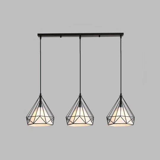 Diamond Cage Multi-Pendant Industrial Ceiling Light With 3 Hanging Lights For Hallway Black / Linear