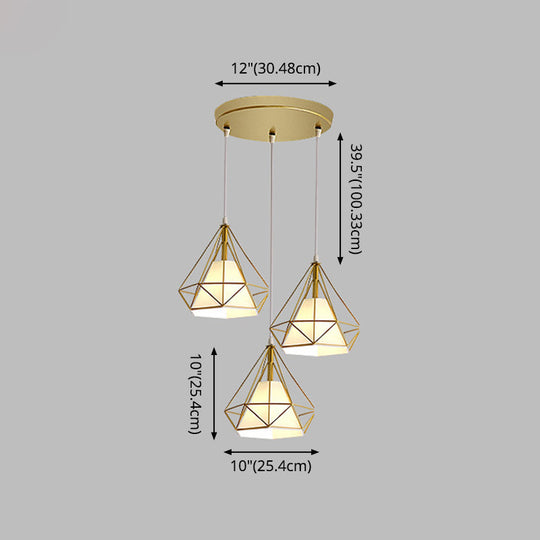 Diamond Cage Industrial Ceiling Light with 3 Multi Pendants and Hanging Cord for Hallway