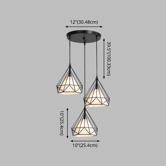 Diamond Cage Industrial Ceiling Light with 3 Multi Pendants and Hanging Cord for Hallway