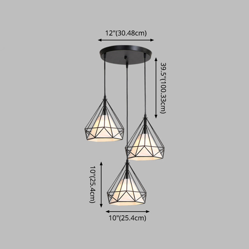 Diamond Cage Multi-Pendant Industrial Ceiling Light With 3 Hanging Lights For Hallway