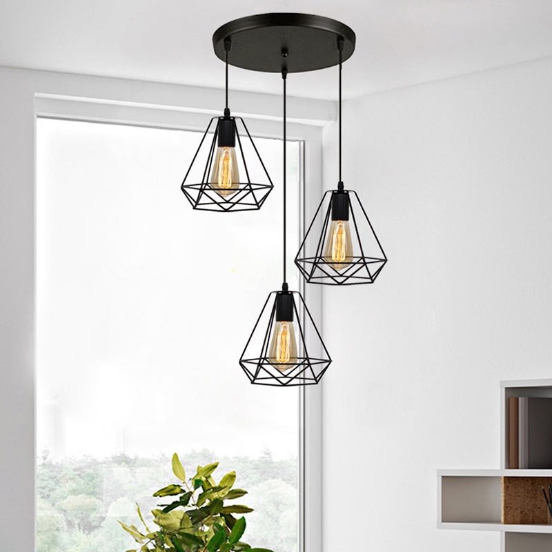 Industrial Diamond Cage Pendant Light Set - 3 Lights Ideal For Restaurants