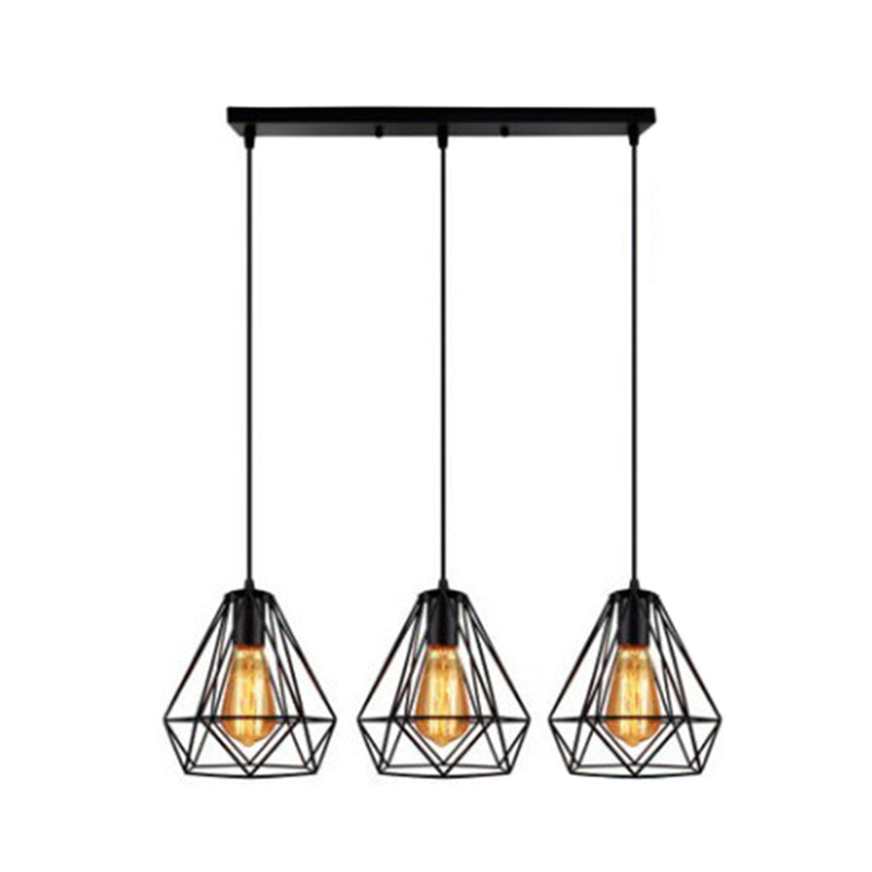 Industrial Metal Diamond Cage Pendant Light - 3 Lights Ideal For Restaurants Black / Linear