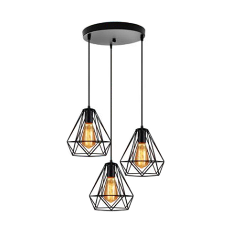 Industrial Metal Diamond Cage Pendant Light - 3 Lights Ideal For Restaurants Black / Round