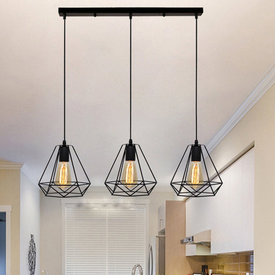 Industrial Metal Diamond Cage Pendant Light - 3 Lights Ideal For Restaurants