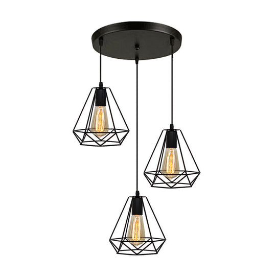 Industrial Metal Diamond Cage Pendant Light - Set of 3 Multi Hanging Lights for Restaurants