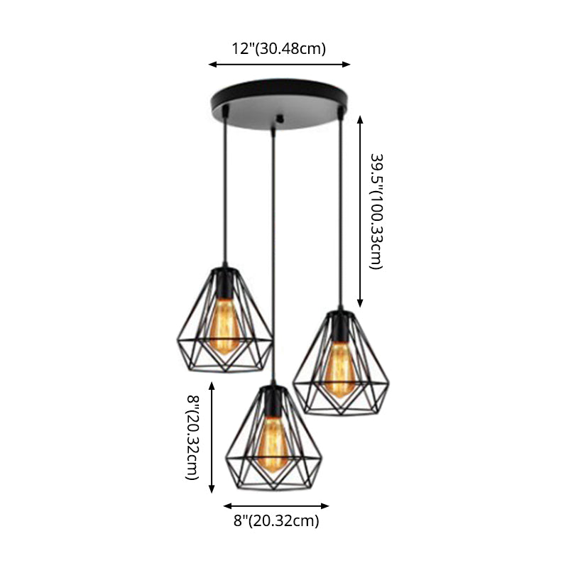 Industrial Metal Diamond Cage Pendant Light - Set of 3 Multi Hanging Lights for Restaurants