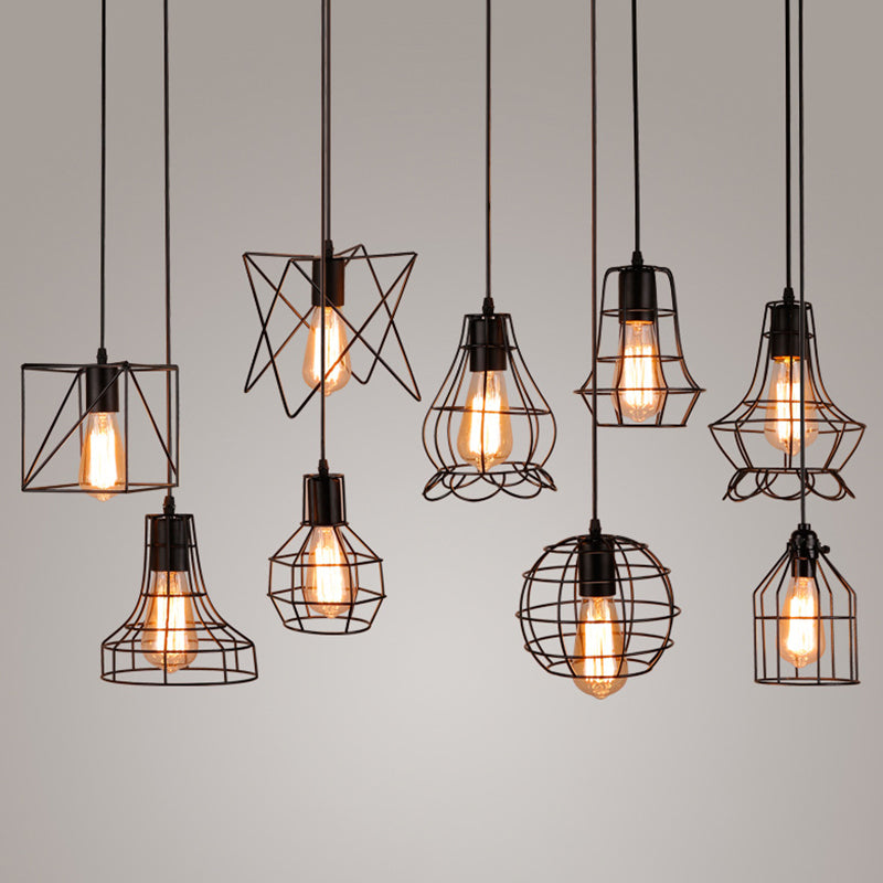 Retro Industrial Metal Cage Pendant Light Fixture For Restaurants - 1-Light Ceiling Hanging Lamp