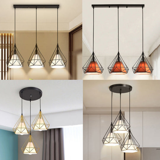 Diamond Cage Multi-Pendant Light with 3 Lights - Creative Industrial Design, Perfect for Restaurants