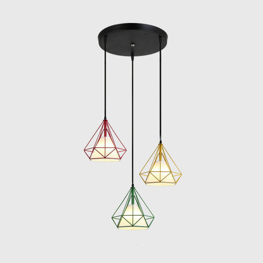 Diamond Cage Multi Pendant Light With 3 Lights Creative Industrial Metal Multi-Light For Restaurants