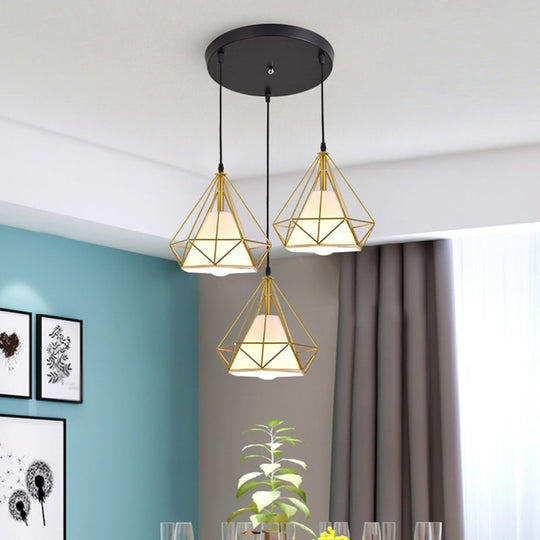 Diamond Cage Multi-Pendant Light with 3 Lights - Creative Industrial Design, Perfect for Restaurants