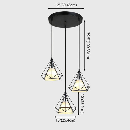 Diamond Cage Multi-Pendant Light with 3 Lights - Creative Industrial Design, Perfect for Restaurants