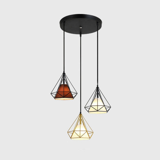 Diamond Cage Multi Pendant Light With 3 Lights Creative Industrial Metal Multi-Light For Restaurants