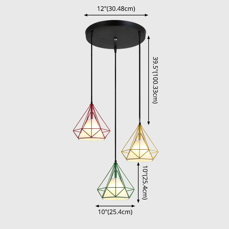 Diamond Cage Multi Pendant Light With 3 Lights Creative Industrial Metal Multi-Light For Restaurants