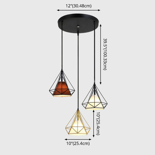 Diamond Cage Multi Pendant Light With 3 Lights Creative Industrial Metal Multi-Light For Restaurants