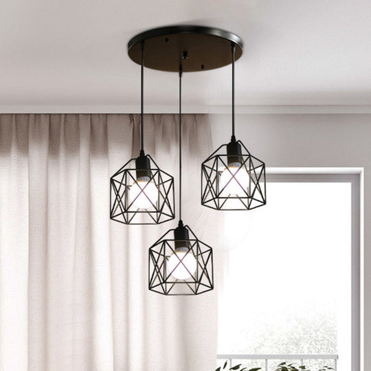 Industrial Style Metal Birdcage Pendant Lights For Restaurants - Set Of 3 Black / Round