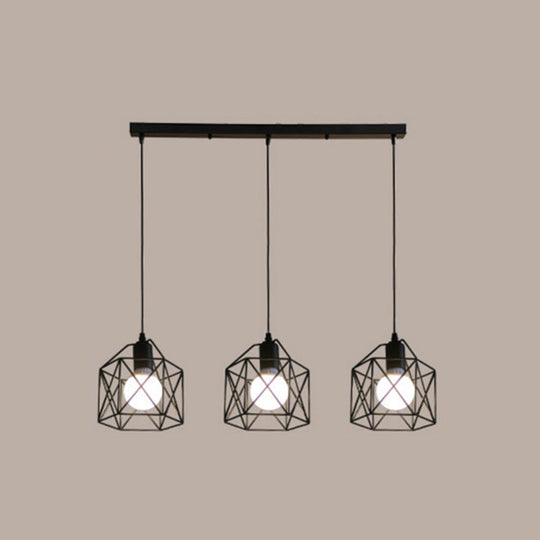 Industrial Style Metal Birdcage Pendant Lights For Restaurants - Set Of 3 Black / Linear