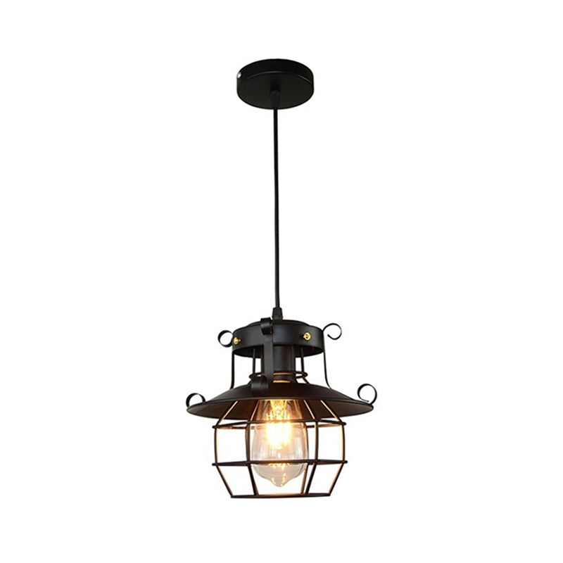 Retro Industrial Style 1-Light Lantern Ceiling Pendant - Metal For Restaurants Black