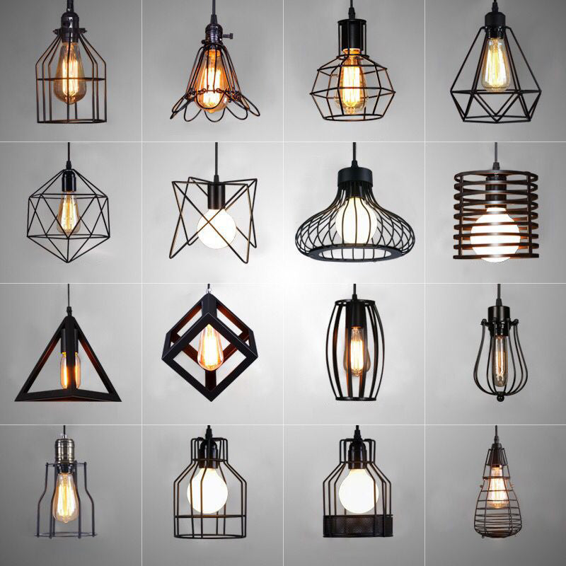 Industrial Retro Hanging Pendant Light Fixture With Caged Design For Bars - Single Metallic