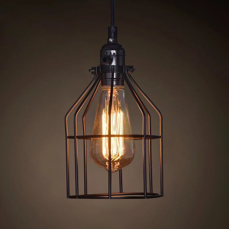 Industrial Retro Hanging Pendant Light Fixture With Caged Design For Bars - Single Metallic Black /