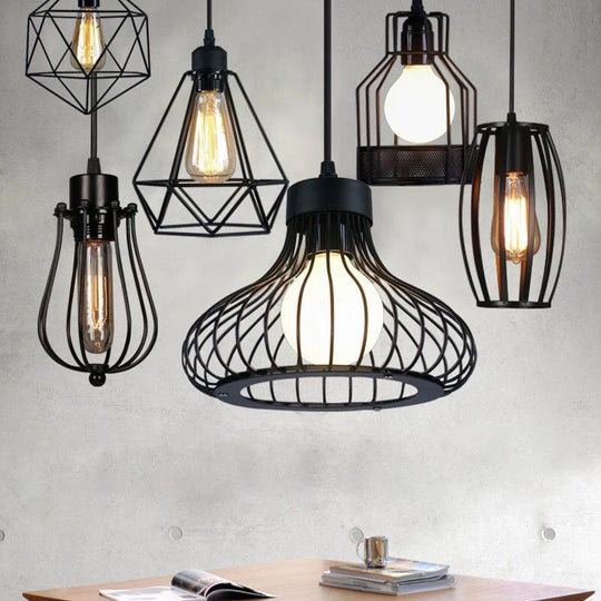 Industrial Retro Hanging Pendant Light Fixture With Caged Design For Bars - Single Metallic