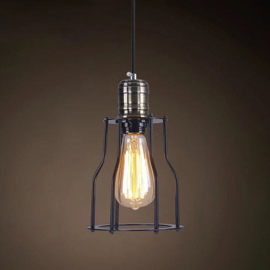 Industrial Retro Hanging Pendant Light Fixture With Caged Design For Bars - Single Metallic Black /