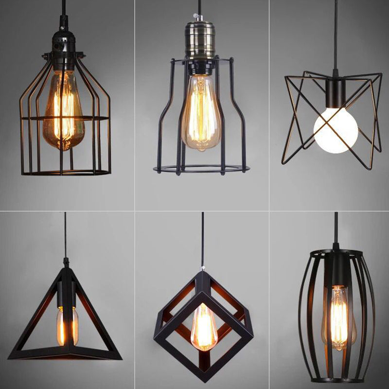 Industrial Retro Hanging Pendant Light Fixture With Caged Design For Bars - Single Metallic