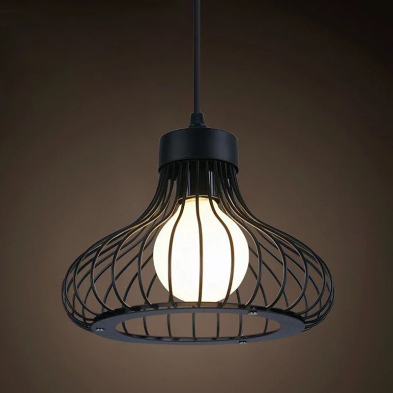 Industrial Retro Hanging Pendant Light Fixture With Caged Design For Bars - Single Metallic Black /