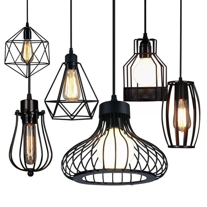 Industrial Retro Hanging Pendant Light Fixture With Caged Design For Bars - Single Metallic