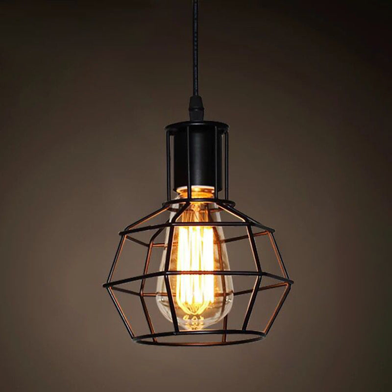 Industrial Retro Hanging Pendant Light Fixture With Caged Design For Bars - Single Metallic Black /