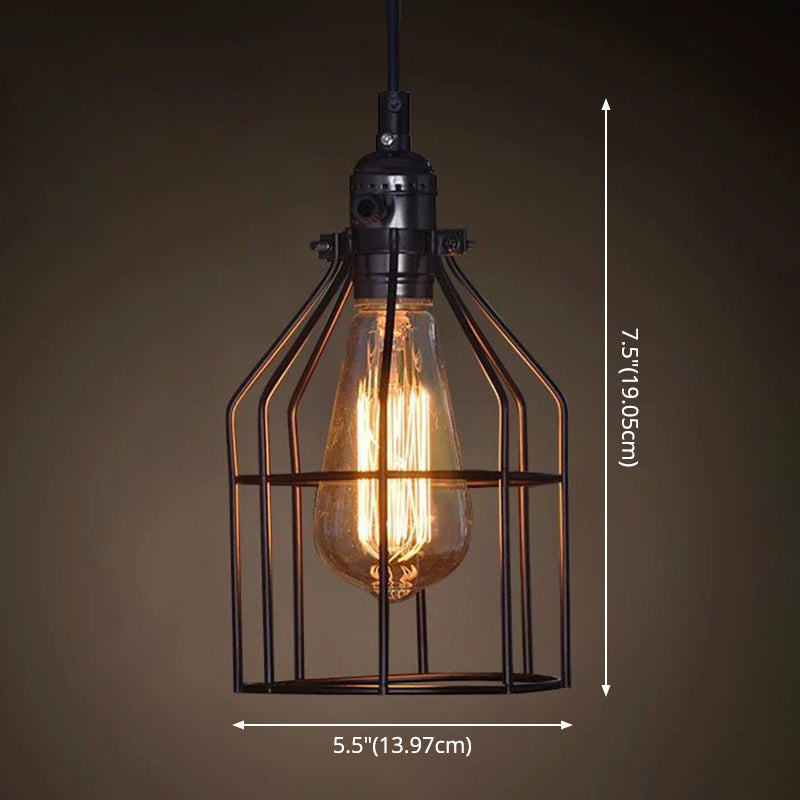 Industrial Retro Hanging Pendant Light Fixture With Caged Design For Bars - Single Metallic