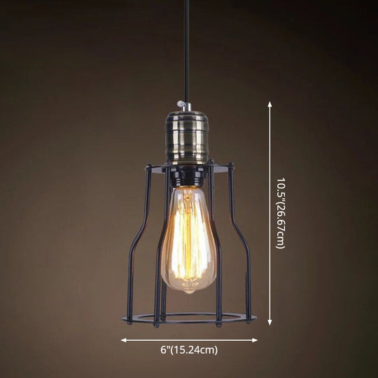 Industrial Retro Hanging Pendant Light Fixture With Caged Design For Bars - Single Metallic